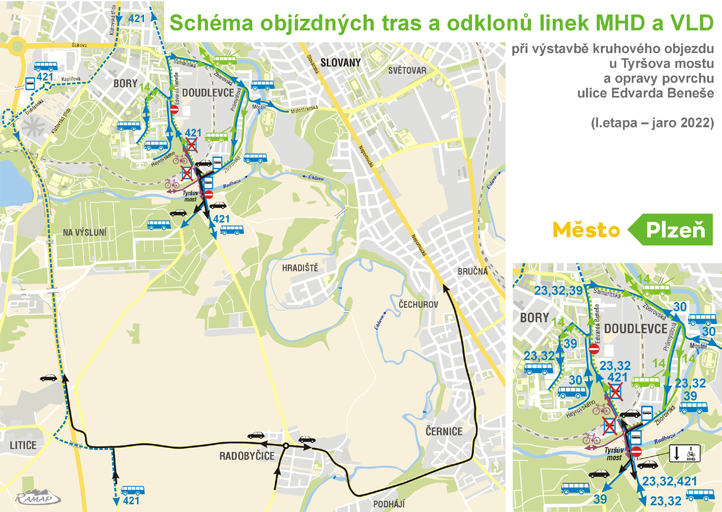 Schéma objízdných tras a odklonu linek MHD a VLD