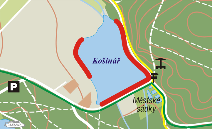 Orientační plánek s naznačením míst, kde lze na rybníku Košinář s platným pověřením chytat ryby