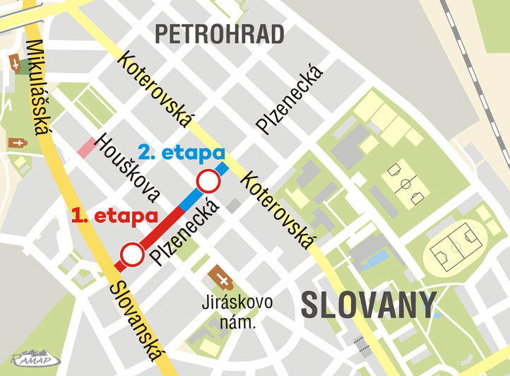 Oprava Plzenecké ulice na Slovanech (mapa)