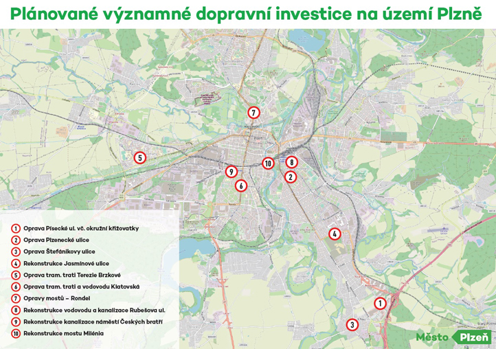 Plánované významné dopravní investice na území Plzně (mapa)